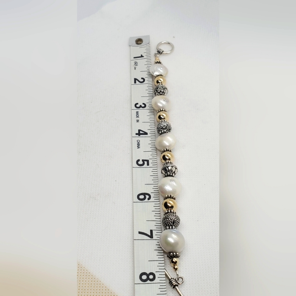 Bracelet 8"inch Elegant Sterling Silver Pearl and Gold Beaded - Picture 5 of 5